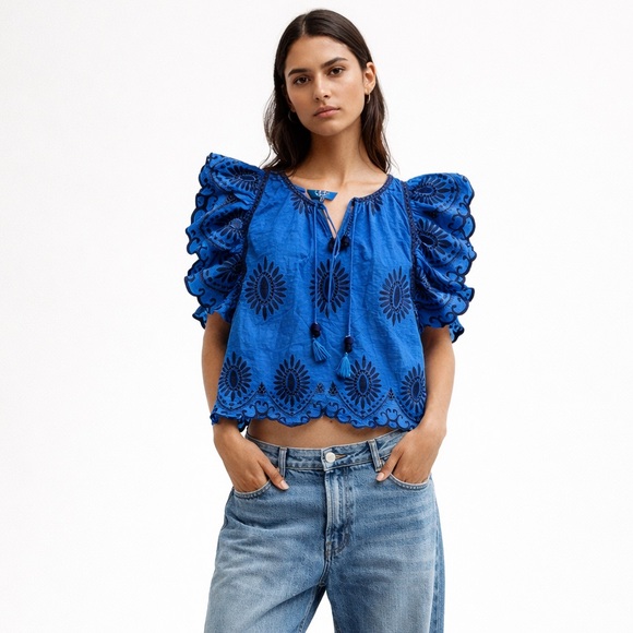 Sea New York Blue Embroidered Blue Blouse size 2 - Picture 2 of 8